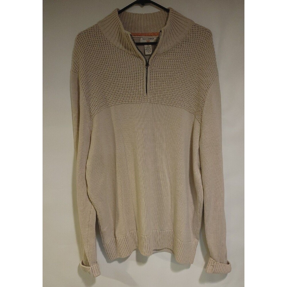 Dockers 1/4 Zip Pullover Knit Sweater Cream Cotton Casual Size Large